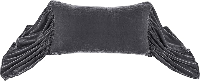 HiEnd Accents Stella Faux Silk Velvet Long Ruffled Pillow, 14x26 inch, Slate, Romantic Western Modern Traditional Style Luxury Bedding, Decorative Throw Pillow