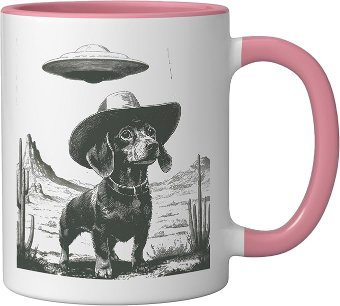 Funny Dachshund Cowboy Alien UFO Desert Dog Ceramic Mug, Pink/White