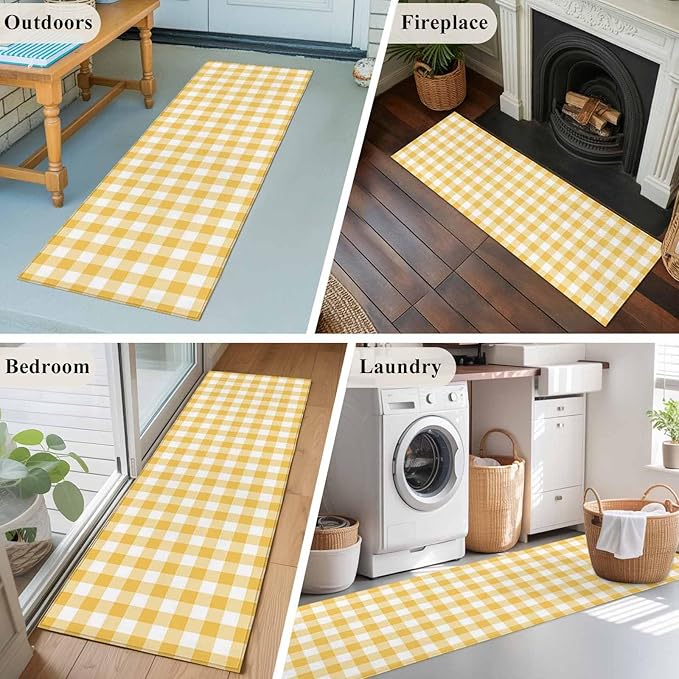 Runner Rug for Bedroom Hallway, Rustic Country Yellow and White Buffalo Lattice Checked Kitchen Runner Rugs Area Rug 2x6ft, Farm Style Washable Soft Floor Carpet for Entryway Stair