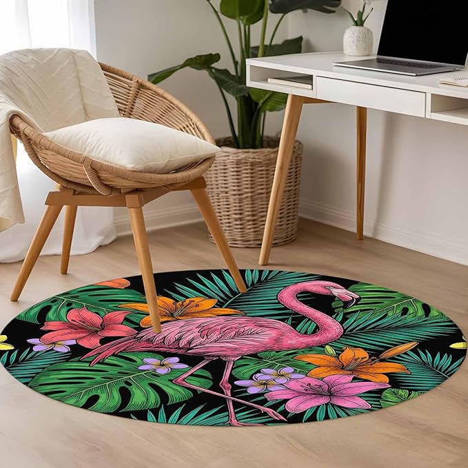 Washable Round Area Rug Pink Flamingos Tropical Leaf Circle Rugs Floor Carpet for Living Room Bedroom, Colorful Lily Blossom Floral Soft Non Slip Round Rug 3ft