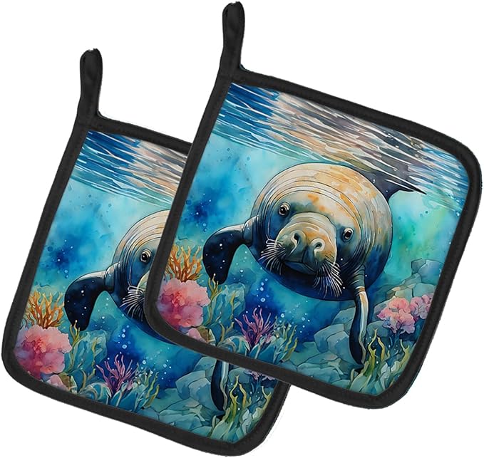 Caroline's Treasures Manatee Pair of Pot Holders Kitchen Heat Resistant Pot Holders Sets Oven Hot Pads for Cooking Baking BBQ, 7 1/2 x 7 1/2