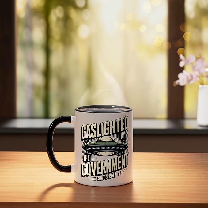 Alien UFO Gaslighted by the Government 1947 Ceramic Mug, Black/White