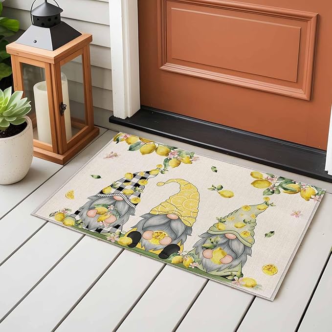 Area Rug 2x3ft, Summer Gnome with Lemon Washable Rugs for Living Room Bedroom, Farmhouse Dwarf Fruit on Linen Soft Non-Slip Area Rugs Rectangle Floor Carpet for Dining Room
