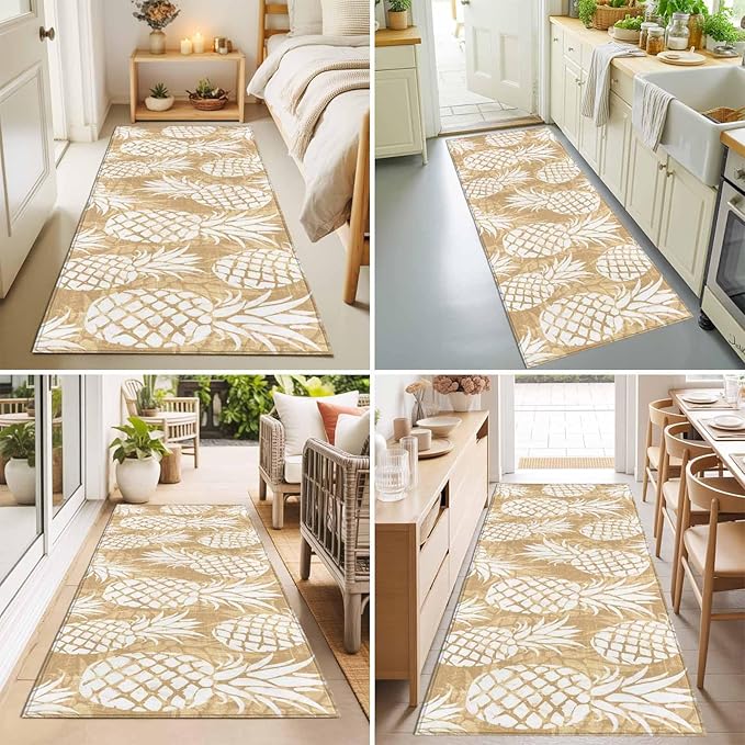 Runner Rug for Bedroom Hallway, Summer Fruit Pineapple Kitchen Runner Rugs Area Rug 2x6ft, Rustic Vintage Tropical Leaves Washable Soft Floor Carpet for Entryway Stair