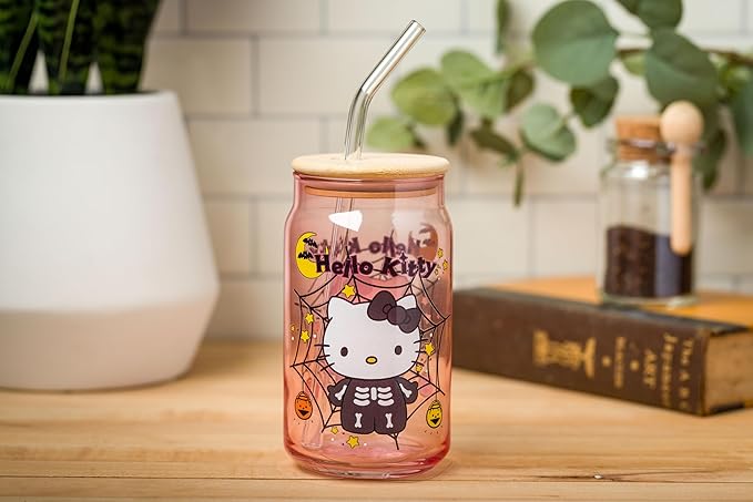 Silver Buffalo Sanrio Hello Kitty Halloween Spooky Skeleton Costume Pink Lavender Glass Jar Tumbler with Bamboo Lid and Glass Straw, 16 Ounces