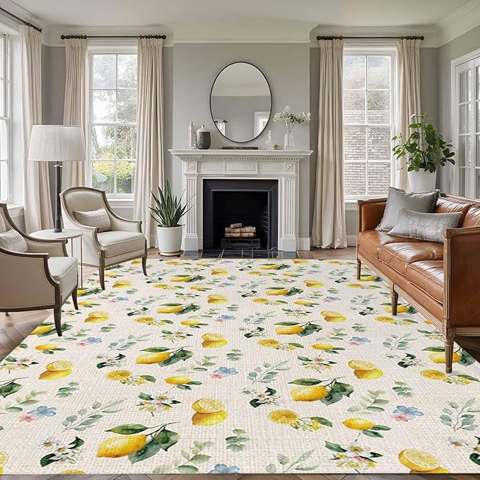 Area Rug 9x12ft, Country Lemon Flower Leaf Washable Rugs for Living Room Bedroom Rectangle Floor Carpet, Pastoral Fruit Plant Vintage Linen Soft Non-Slip Area Rugs for Dining Room