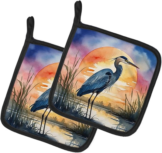 Caroline's Treasures Blue Heron Setting Sun Pair of Pot Holders Kitchen Heat Resistant Pot Holders Sets Oven Hot Pads for Cooking Baking BBQ, 7 1/2 x 7 1/2
