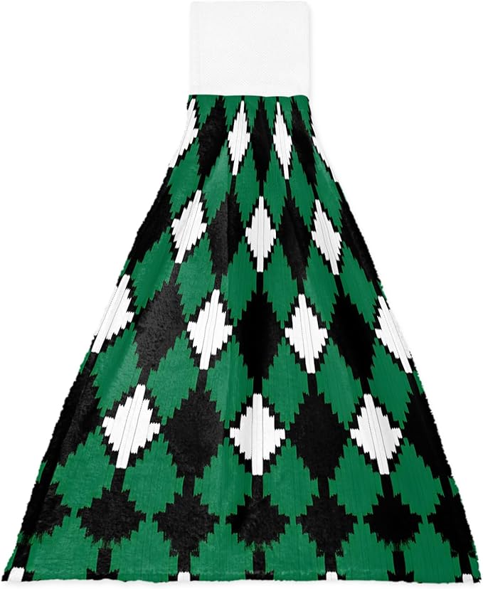 Alandar Home Kitchen Tie Towel Set of 1, Pastoral Style Rhombus Texture Absorbent Soft Hand Towels for Bathroom Hanging Towels, Green White and Black Fast Drying Cleaning Cloth with Loop