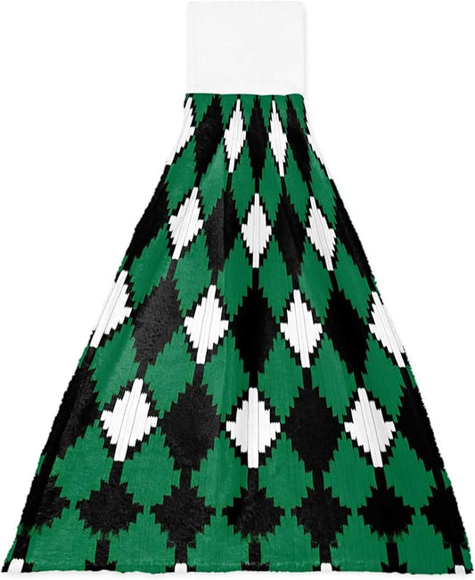 Alandar Home Kitchen Tie Towel Set of 1, Pastoral Style Rhombus Texture Absorbent Soft Hand Towels for Bathroom Hanging Towels, Green White and Black Fast Drying Cleaning Cloth with Loop