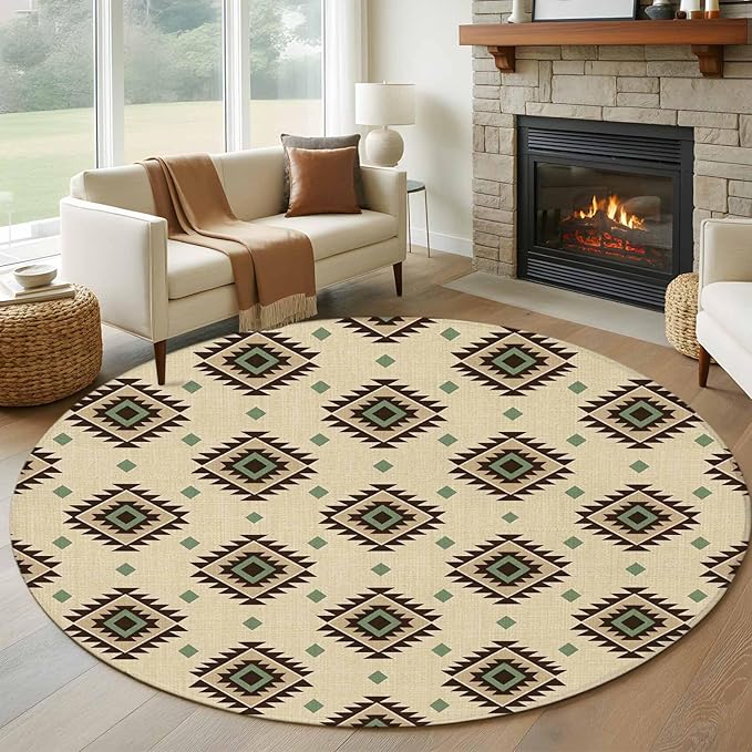 Washable Round Area Rug Boho Tribal Diamond Pattern Circle Rugs Floor Carpet for Living Room Bedroom, Ethnic Style Art Soft Non Slip Round Rug 5ft