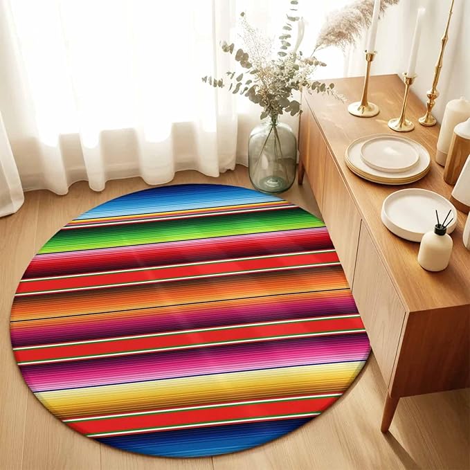 Washable Round Area Rug Mexican Stripes Vintage Ethnic Circle Rugs Floor Carpet for Living Room Bedroom, Native American Stripe Soft Non Slip Round Rug 3ft
