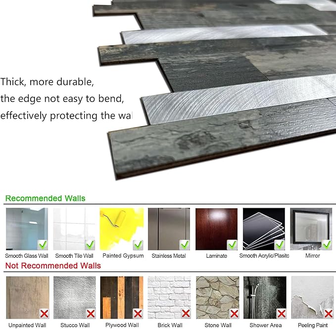 10-Sheet Peel and Stick Backsplash Tile, PVC Mixed Meta,l Stick on Kitchen, Bathroom Vanities, Fireplace Décor, Laundry Table(11.2" X 12.7") (10, Wooden Green+Frosted Silver)
