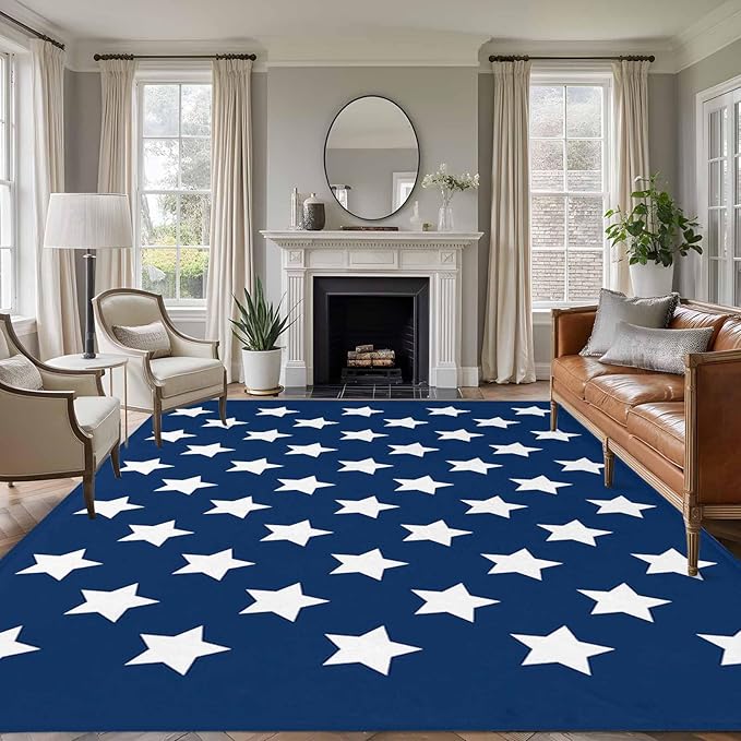 Area Rug 6x9ft, 4th of July White Star on Navy Blue Washable Rugs for Living Room Bedroom, Independence Freedom Liberty Soft Non-Slip Area Rugs Rectangle Floor Carpet for Dining Room