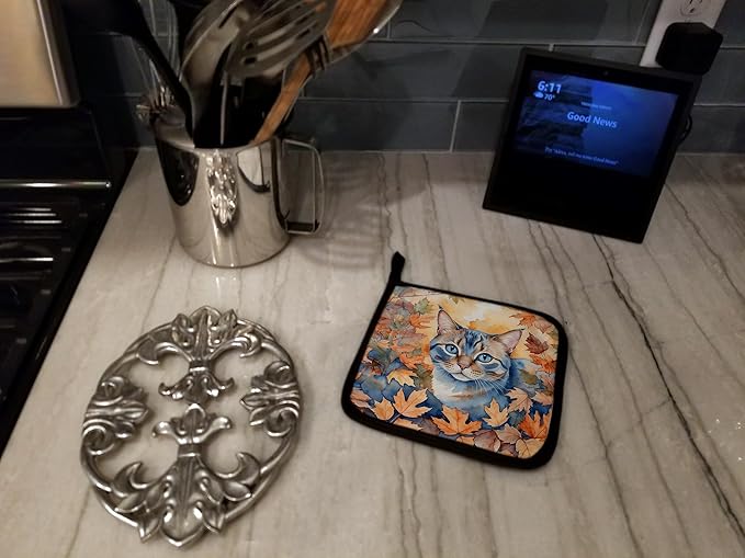 Caroline's Treasures Ojos Azules Cat in Fall Leaves Pair of Pot Holders Kitchen Heat Resistant Pot Holders Sets Oven Hot Pads for Cooking Baking BBQ, 7 1/2 x 7 1/2