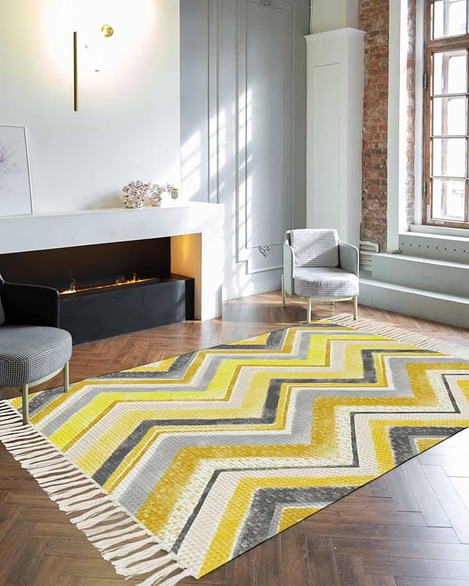 Kitchen Runner Rugs, Yellow Gray Gradient Zigzag Stripe 4'x6' Throw Rug with Tassels, Nordic Style Abstract Art Washable Soft Floor Carpet Runner for Hallway Bedroom Bathroom Laundry Room