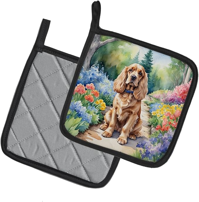 Caroline's Treasures Cocker Spaniel Spring Path Pair of Pot Holders Kitchen Heat Resistant Pot Holders Sets Oven Hot Pads for Cooking Baking BBQ, 7 1/2 x 7 1/2