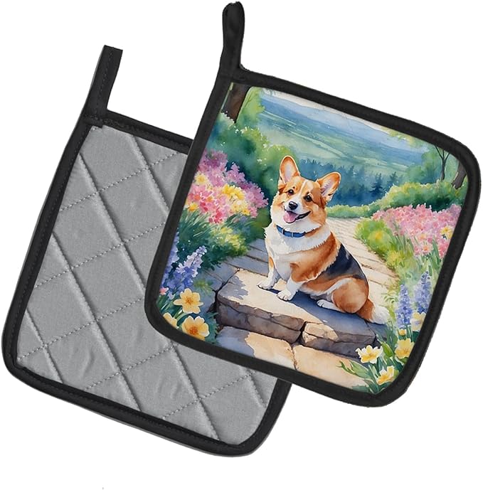 Caroline's Treasures Corgi Spring Path Pair of Pot Holders Kitchen Heat Resistant Pot Holders Sets Oven Hot Pads for Cooking Baking BBQ, 7 1/2 x 7 1/2