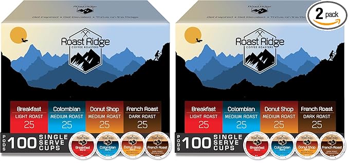 Roast Ridge Serve Coffee Pods for Keurig K-Cup Brewers,Variety Pack,Light Roast,Medium-Roast,Dark-Roast,(25 each: Breakfast Blend,Donut Shop,French-Roast,Colombian),100 Count (Pack of 2)