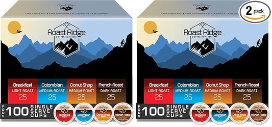 Roast Ridge Serve Coffee Pods for Keurig K-Cup Brewers,Variety Pack,Light Roast,Medium-Roast,Dark-Roast,(25 each: Breakfast Blend,Donut Shop,French-Roast,Colombian),100 Count (Pack of 2)