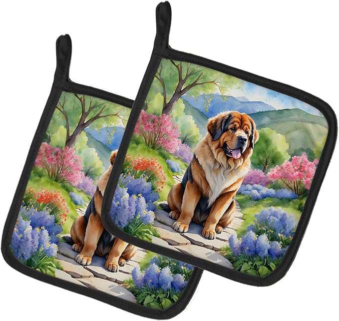 Caroline's Treasures Tibetan Mastiff Spring Path Pair of Pot Holders Kitchen Heat Resistant Pot Holders Sets Oven Hot Pads for Cooking Baking BBQ, 7 1/2 x 7 1/2