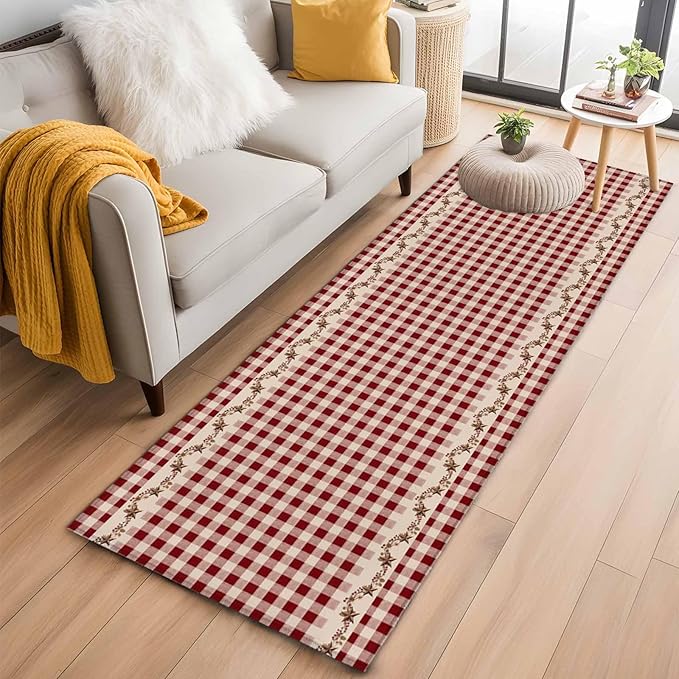 Runner Rug for Bedroom Hallway, Vintage Red Buffalo Plaid Berry Kitchen Runner Rugs Area Rug 2x6ft, Farmhouse Western Star Washable Soft Floor Carpet for Entryway Stair