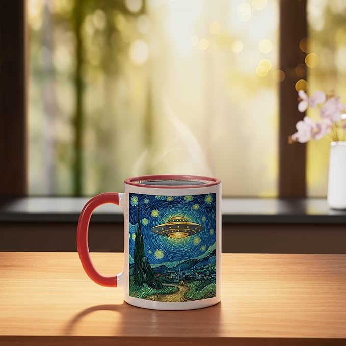Ufo Over Starry Night Van Gogh Style Sci Fi Saucer Art Ceramic Mug, Red/White
