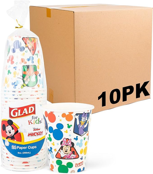 Glad for Kids Disney Mickey and Friends Disposable Paper Cups, Mickey Mouse - Heavy Duty Soak-Proof Kid-Friendly Drinking Cups, Great for Everyday Meals and Snacks, 9 oz, 24 Count - 10 Pack