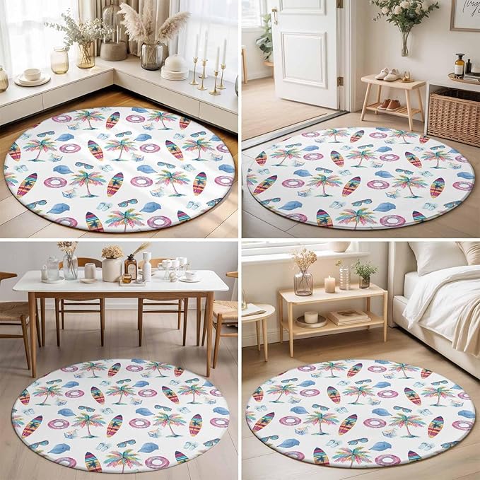 Washable Round Area Rug Summer Surfboard Coconut Tree Circle Rugs Floor Carpet for Living Room Bedroom, Tropical Seamless Pattern Soft Non Slip Round Rug 3ft