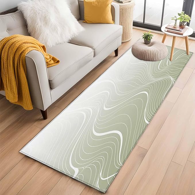 Runner Rug for Bedroom Hallway, Sage Green Wavy Gradient Stripes Kitchen Runner Rugs Area Rug 2x6ft, Geometric Abstract Art Washable Soft Floor Carpet for Entryway Stair