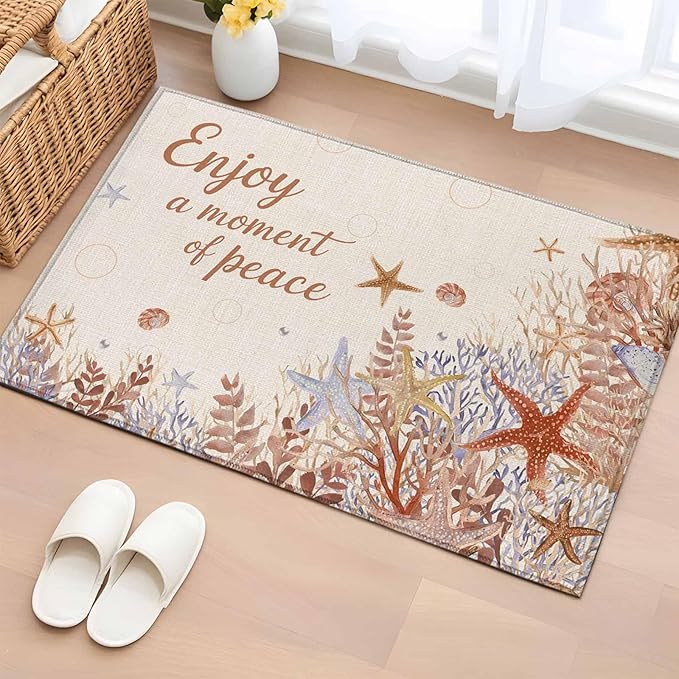 Area Rug 2x3ft, Orange Marine Starfish Coral Seaweed Washable Rugs for Living Room Bedroom, Peace Quote on Linen Soft Non-Slip Area Rugs Rectangle Floor Carpet for Dining Room