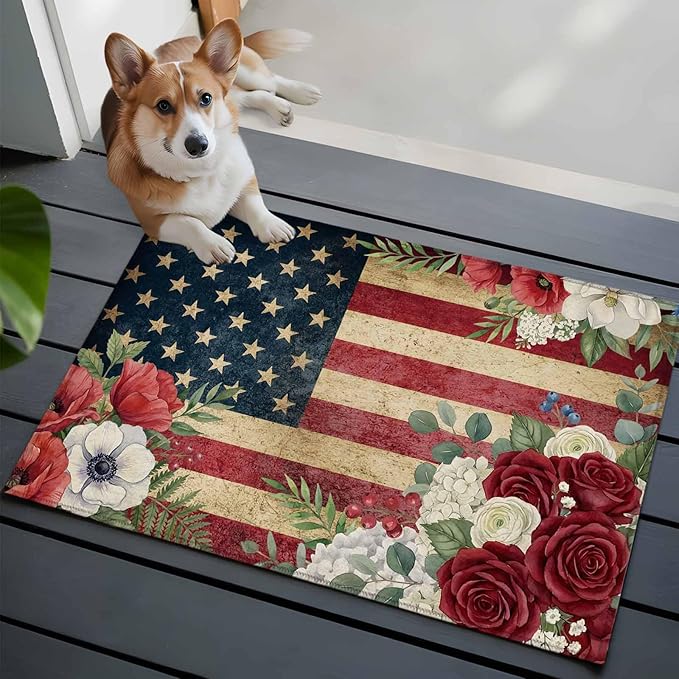 Area Rug 2x3ft, Independence Day 250th Anniversary Washable Rugs for Living Room Bedroom, Vintage USA Flag Floral Soft Non-Slip Area Rugs Rectangle Floor Carpet for Dining Room