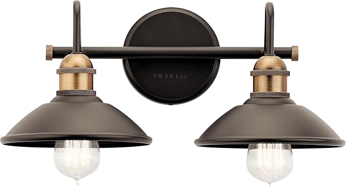 Kichler Clyde 2-Light Bathroom Vanity Light Fixture with Vintage Industrial Design in Olde Bronze, Wall Mount Over Mirror Lighting for Bathroom (7.25" x 17" x 8.25"), 45944OZ