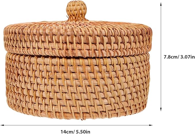 MAGICLULU Vintage Rattan Storage Box with Lid Small Round Woven Basket for Desktop Sundries Organizer Home Kitchen Storage