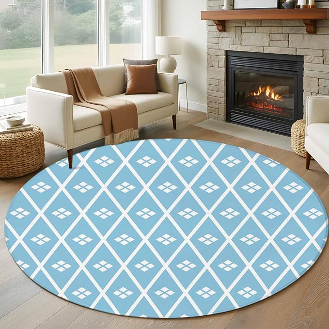 Washable Round Area Rug Boho Blue White Plaid Line Circle Rugs Floor Carpet for Living Room Bedroom, Abstract Geometric Diamond Soft Non Slip Round Rug 5ft