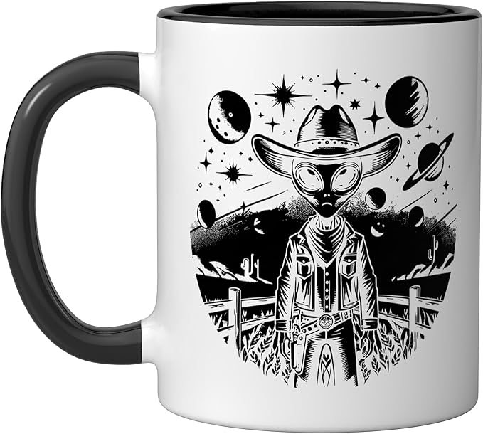 Alien Lover Flying Saucer UFO Extraterrestrial Cowboy Ceramic Mug, Black/White