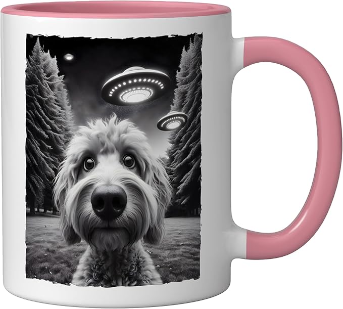 Funny Golden Doodle Selfie UFO Encounters for Dog Lovers Ceramic Mug, Pink/White