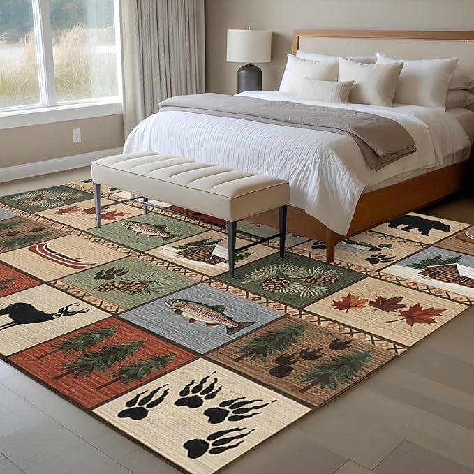 Area Rug 6x9ft, Vintage Bear Forest Deer Fish Village Washable Rugs for Living Room Bedroom, Retro Wildlife Themes Soft Non-Slip Area Rugs Rectangle Floor Carpet for Dining Room