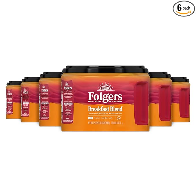 Folgers Breakfast Blend Ground Coffee, Mild Roast, 22.6 Oz. Canister (Pack of 6)