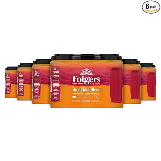 Folgers Breakfast Blend Ground Coffee, Mild Roast, 22.6 Oz. Canister (Pack of 6)