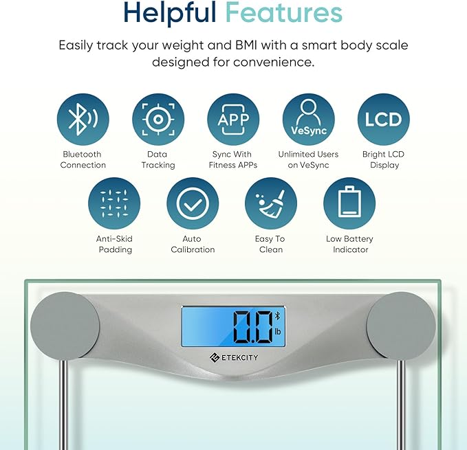 Etekcity Bathroom Scale for Body Weight and BMI, Upgraded Bluetooth Digital Scale, Large Blue LCD Backlight Display, High Precision Measurements, 400 Pounds