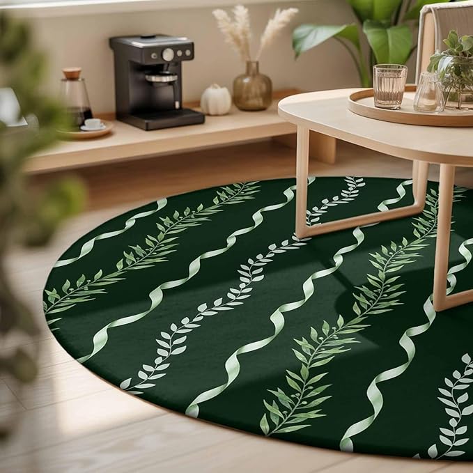 Washable Round Area Rug Botanical Leaves Green Ribbons Circle Rugs Floor Carpet for Living Room Bedroom, Summer Foliage Plant Soft Non Slip Round Rug 3ft