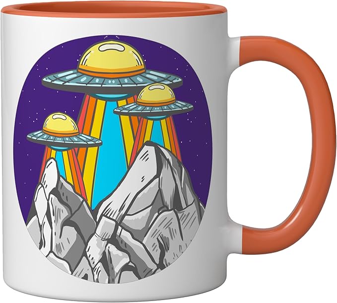 UFO Mountains Retro Spaceship Alien ET Space Galaxy Gift Ceramic Mug, Orange/White