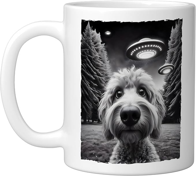 Funny Golden Doodle Selfie UFO Encounters for Dog Lovers Ceramic Mug, White