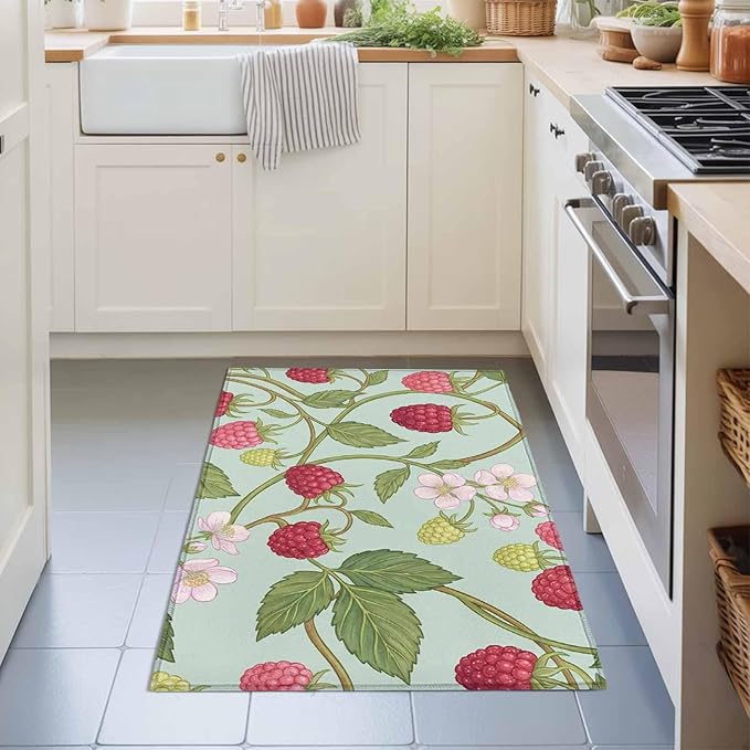 Area Rug 2x3ft, Farmhouse Berry Red Pink Blossoms Flower Washable Rugs for Living Room Bedroom, Green Leaves Soft Non-Slip Area Rugs Rectangle Floor Carpet for Dining Room