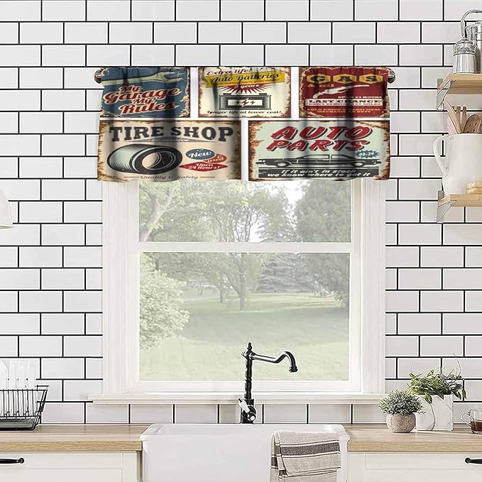 1950s Valance Curtain Vintage Car Automobile Advertising Repair Vehicle Garage Servicing Image Short Curtain Valance for Kitchen Bedroom Bathroom Decor with Rod Pocket, One Panel 54X18 Inches