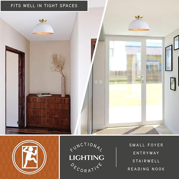 VAXCEL Devon 12.75-in W LED Compatible Glossy White and Gold Satin Brass Mid-Century Modern Semi Flush Mount Ceiling Light