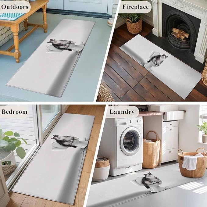 Runner Rug for Bedroom Hallway, Cute Funny Cat on The Toilet Kitchen Runner Rugs Area Rug 2x6ft, Animal Grey Art Washable Soft Floor Carpet for Entryway Stair