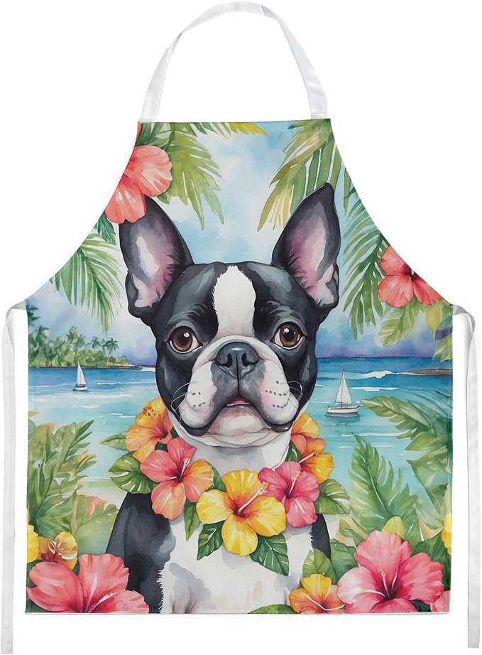 Caroline's Treasures Boston Terrier Luau Apron Cooking Kitchen Server Baking Crafts Gardening for Adult Women Men, Unisex, Large, Multicolor