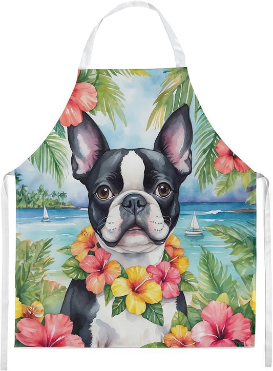 Caroline's Treasures Boston Terrier Luau Apron Cooking Kitchen Server Baking Crafts Gardening for Adult Women Men, Unisex, Large, Multicolor
