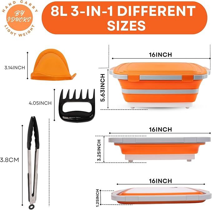 Collapsible BBQ Prep Tub 8L Orange | Portable Meat Marinating Container with Locking Cutting Board Lid, BBQ Tongs, 2 Meat Shredding Claws & 2 Heat-Resistant Grill Gloves for Camping & Grilling